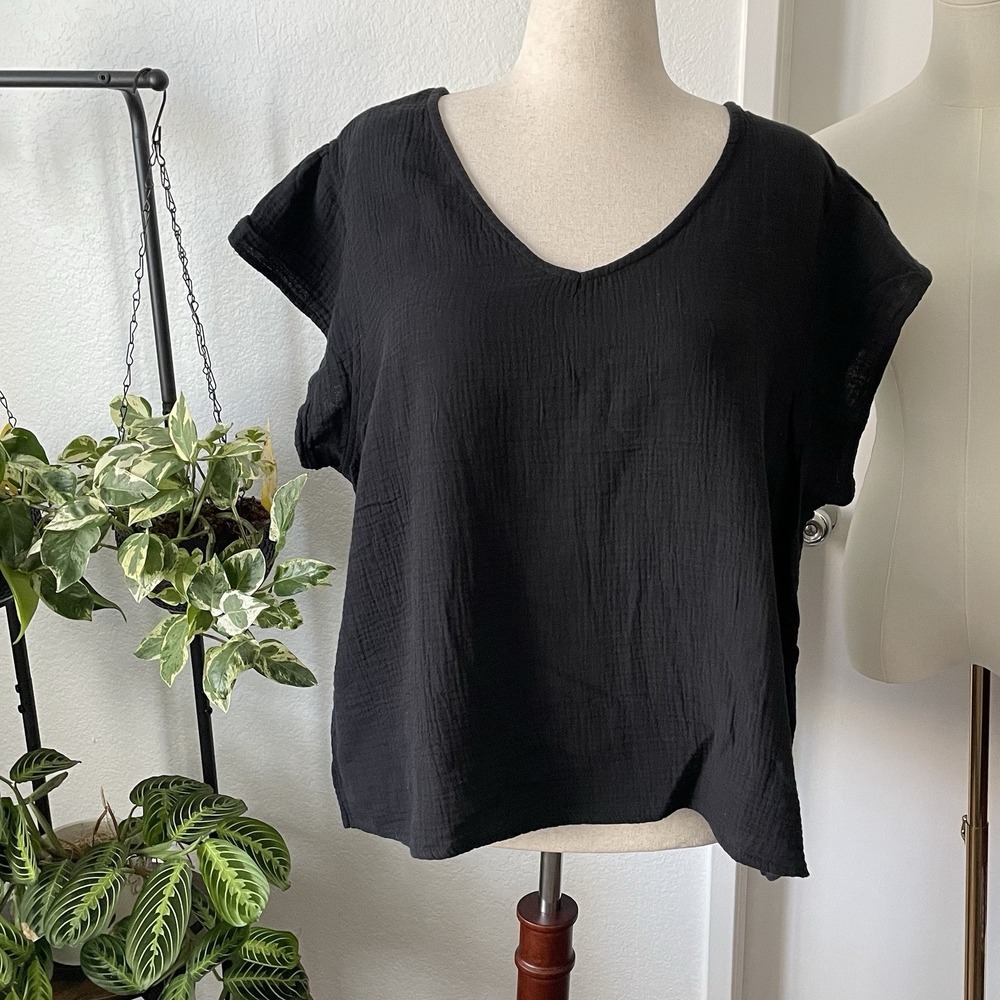 3 Dots Women's XXL Black 100% Cotton Gauze Top Boxy Lagenlook Boho Comfort Shirt
